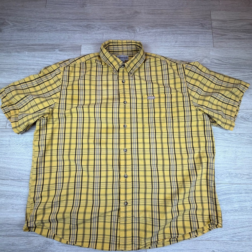 Carhartt Mens XL Yellow Plaid Short Sleeve‎ Button Down Cotton Shirt S114YLW